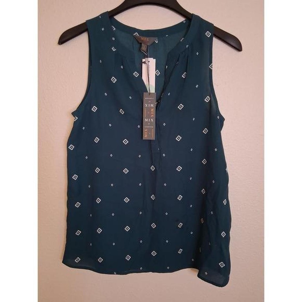 Mix by 41 Hawthorn Teal Sleeveless Geometric Diamond Print Blouse Small NWT